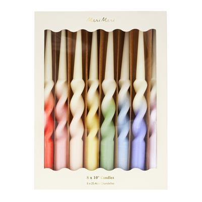 Meri Meri -  Rainbow Twisted Dipped Candles - Gökkuşağı Renkler Kıvrımlı Masa Mumları (8li)