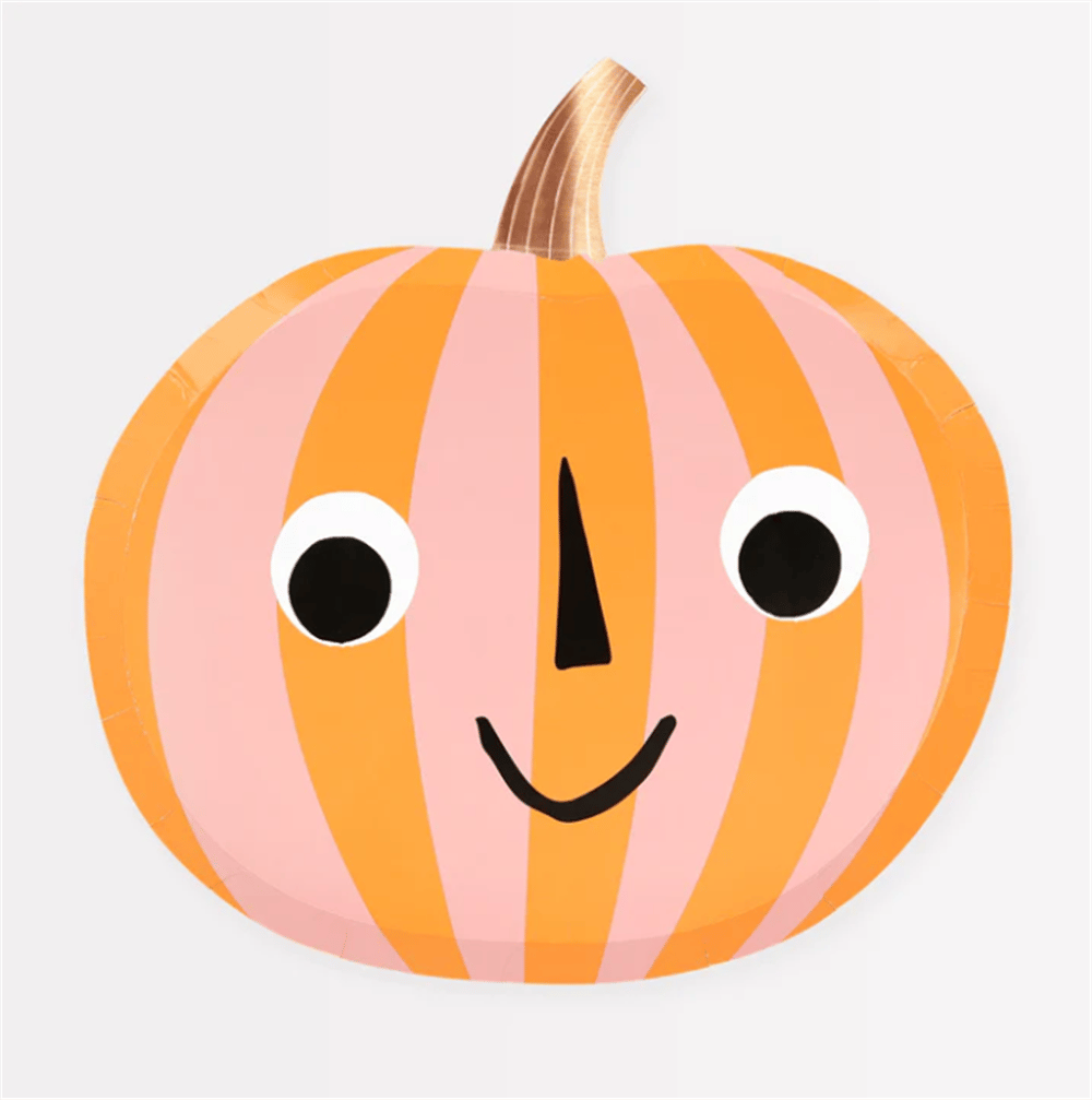 Meri Meri - Pink & Orange Stripy Pumpkin Plates - Pembe & Turuncu Çizgili Balkabağı Tabaklar (8li)