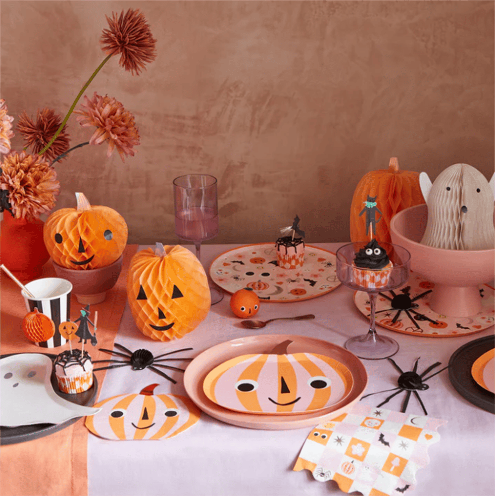 Meri Meri - Pink & Orange Stripy Pumpkin Plates - Pembe & Turuncu Çizgili Balkabağı Tabaklar (8li)