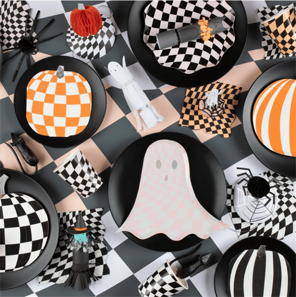 Meri Meri - Pink Checker Ghost Plates - Pembe Hayalet Tabaklar (8li)