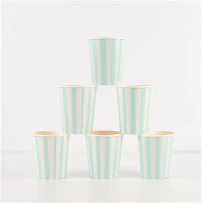 Meri Meri - Mint Stripe Cups - Mint Çizgili Bardaklar - 8Li