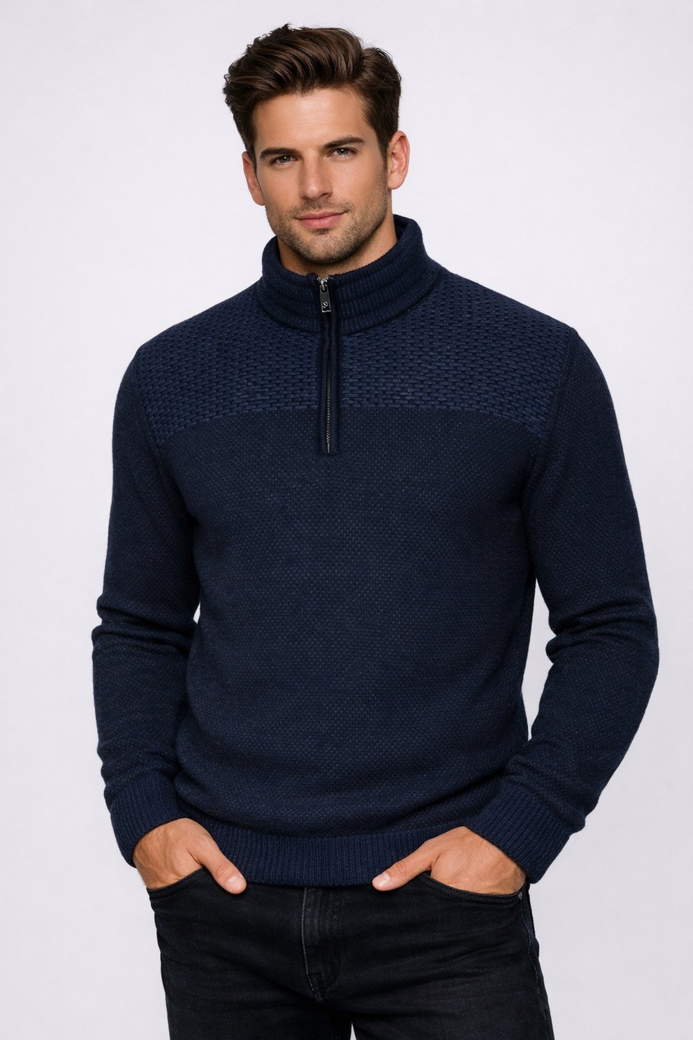 NCS JEANS Erkek Triko Yarım Fermuarlı Triko Lacivert Slim Fit Desenli Pamuklu Knitwear NCS JEANS 37093709