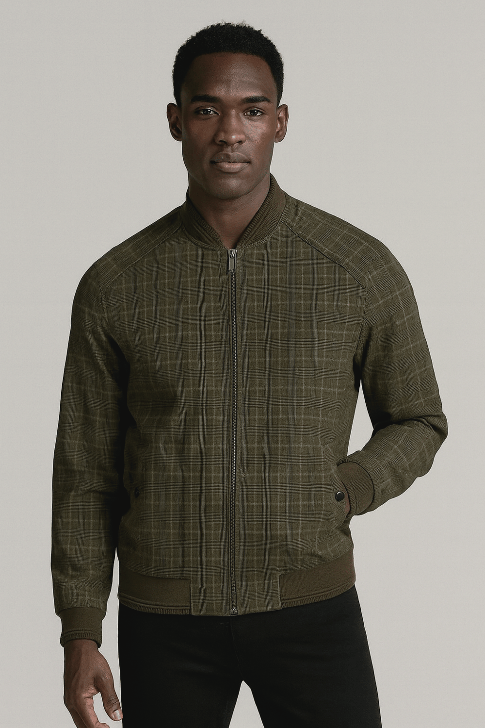 NCS Erkek Bomber Ceket Haki Keten Karışım Slim Fit Ekose Kare Desenli Ribana İnce Astar Ceket NCS JEANS 4984