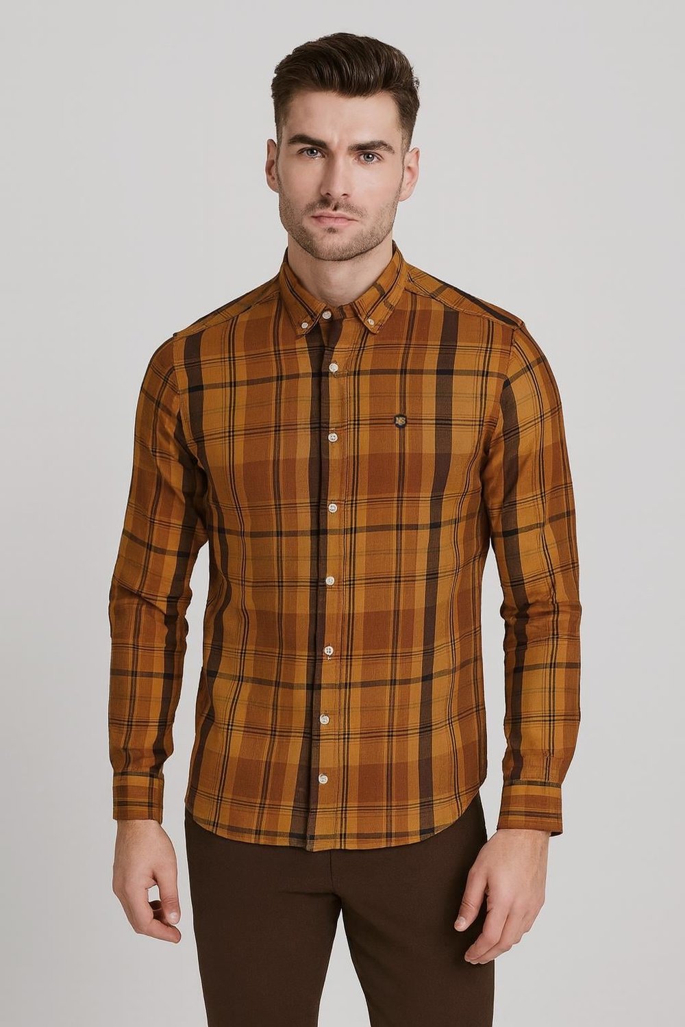 NCS Erkek Gömlek Camel Uzun Kol Ekose Kareli Flanel Yün Tuşeli Slim Fit Düğmeli Yaka Shirt NCS JEANS 7273
