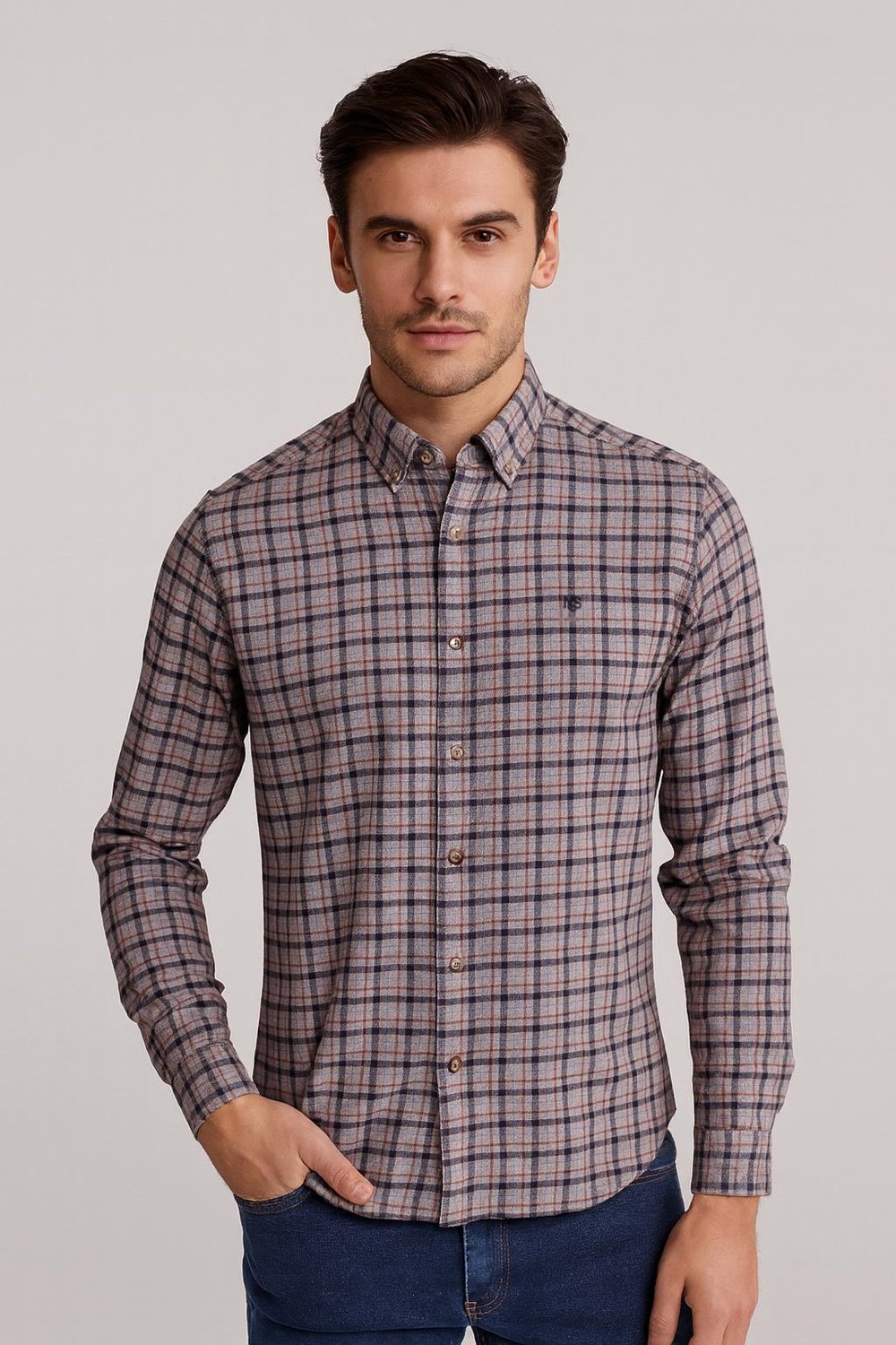 NCS Erkek Gömlek Kiremit Uzun Kol Ekose Kareli Flanel Yün Tuşeli Slim Fit Düğmeli Yaka Shirt NCS JEANS 7270
