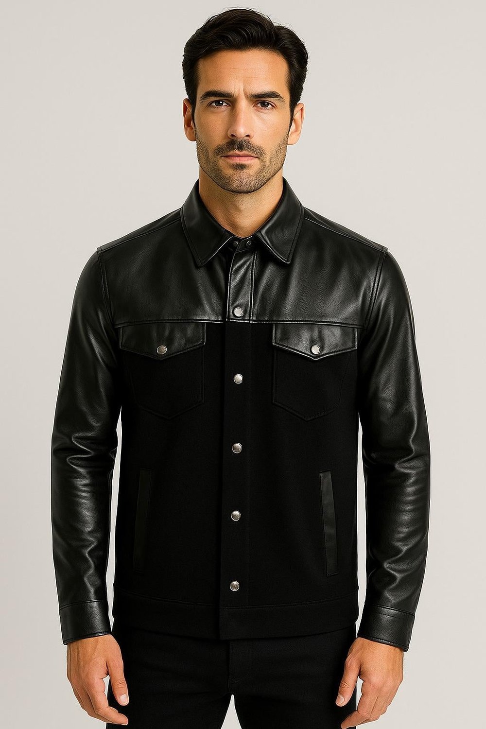 NCS Jeans Erkek Gömlek Suni Deri ve Triko Karışımlı (Overshirt) Siyah 7348