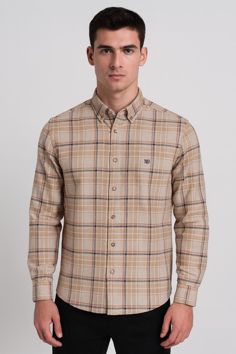 NCS JEANS Erkek Gömlek Uzun Kol Camel Ekose Kareli Flanel Yün Tuşeli Slim Fit Düğmeli Yaka Shirt NCS JEANS 7269