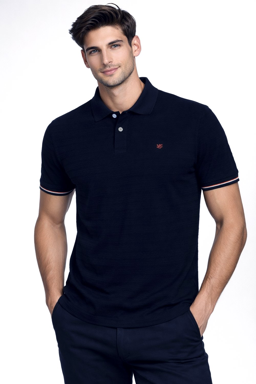 NCS Erkek Polo Yaka Tişört Lacivert Dokulu %100 Pamuk Slim Fit Ribanalı Kol T-shirt NCS JEANS