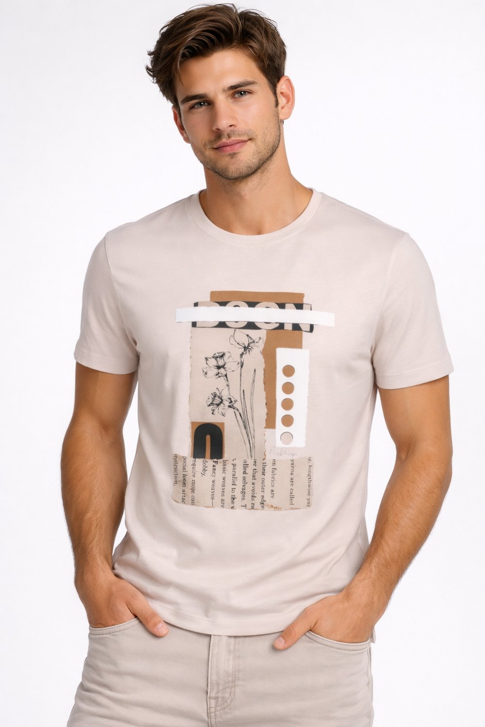 NCS JEANSErkek Tişört Bisiklet Yaka Bej %100 Pamuk Slim Fit Baskılı T-shirt NCS JEANS 12281228