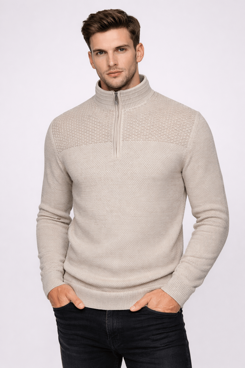 NCS JEANSErkek Triko Yarım Fermuarlı Bej Slim Fit Desenli Pamuklu Knitwear NCS JEANS 37093709