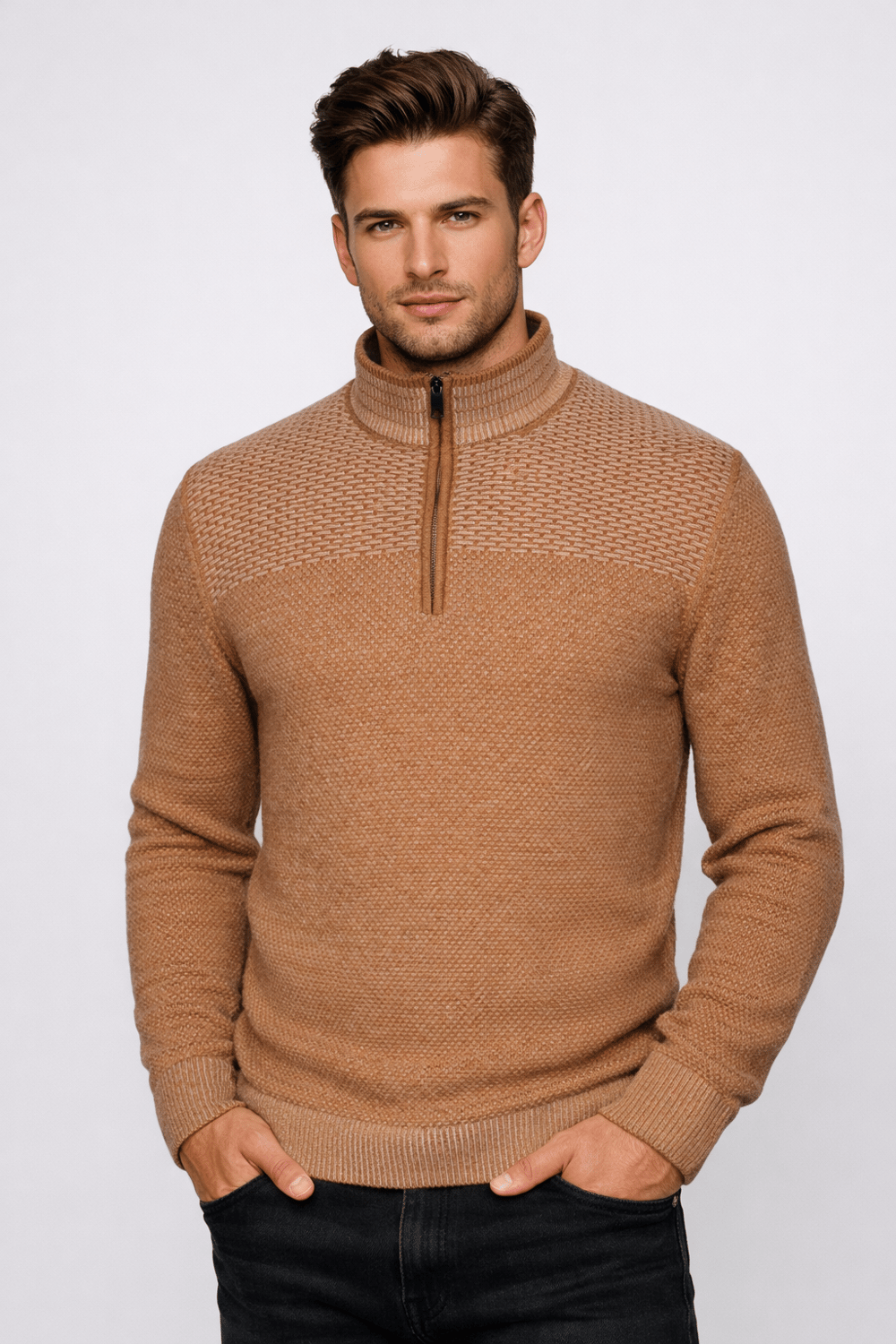NCS Erkek Triko Yarım Fermuarlı Camel Slim Fit Desenli Pamuklu Knitwear NCS JEANS