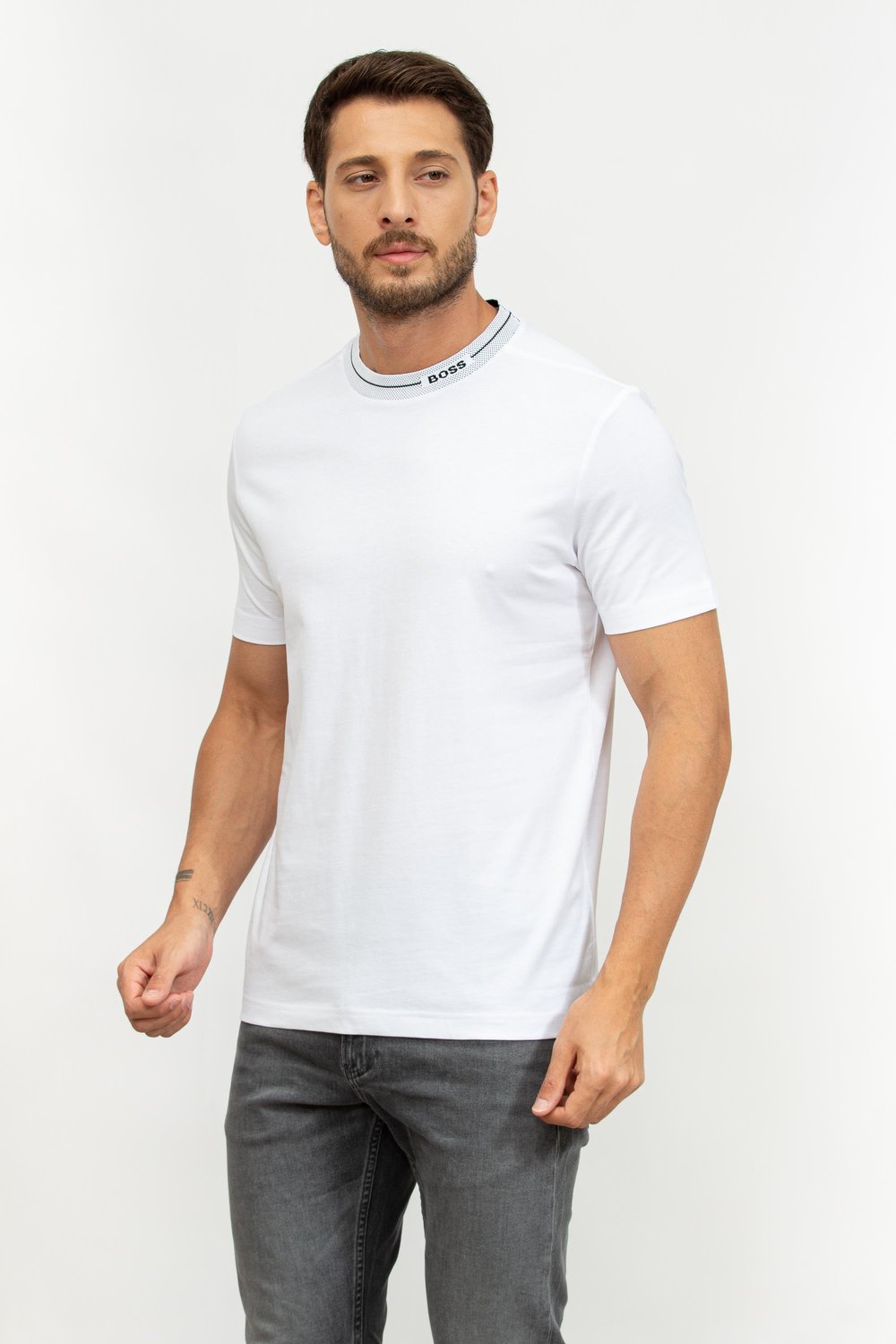 Boss Erkek Bisiklet Yaka T-Shirt Beyaz