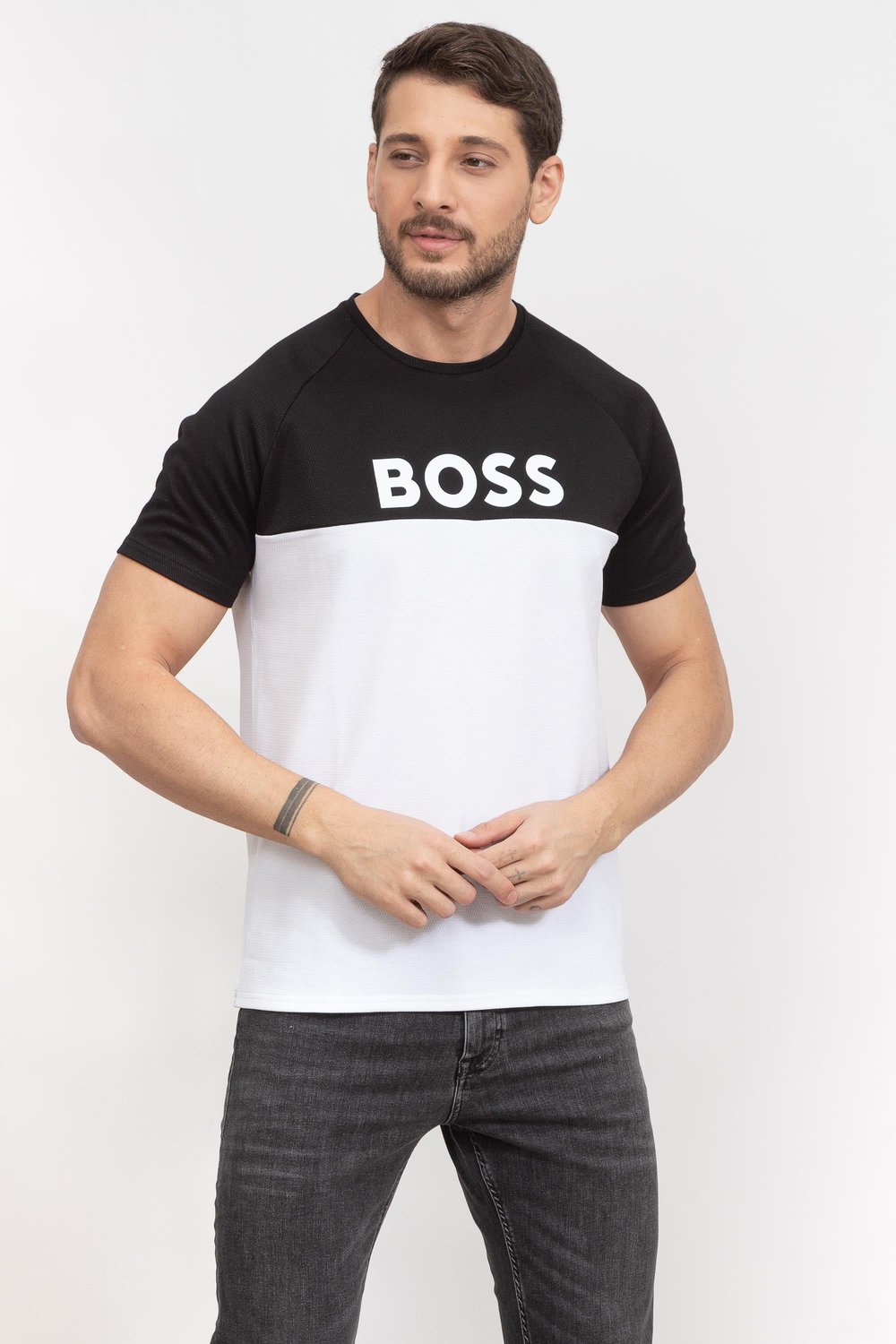 Boss Jacquard Erkek Tekli T-Shirt Siyah