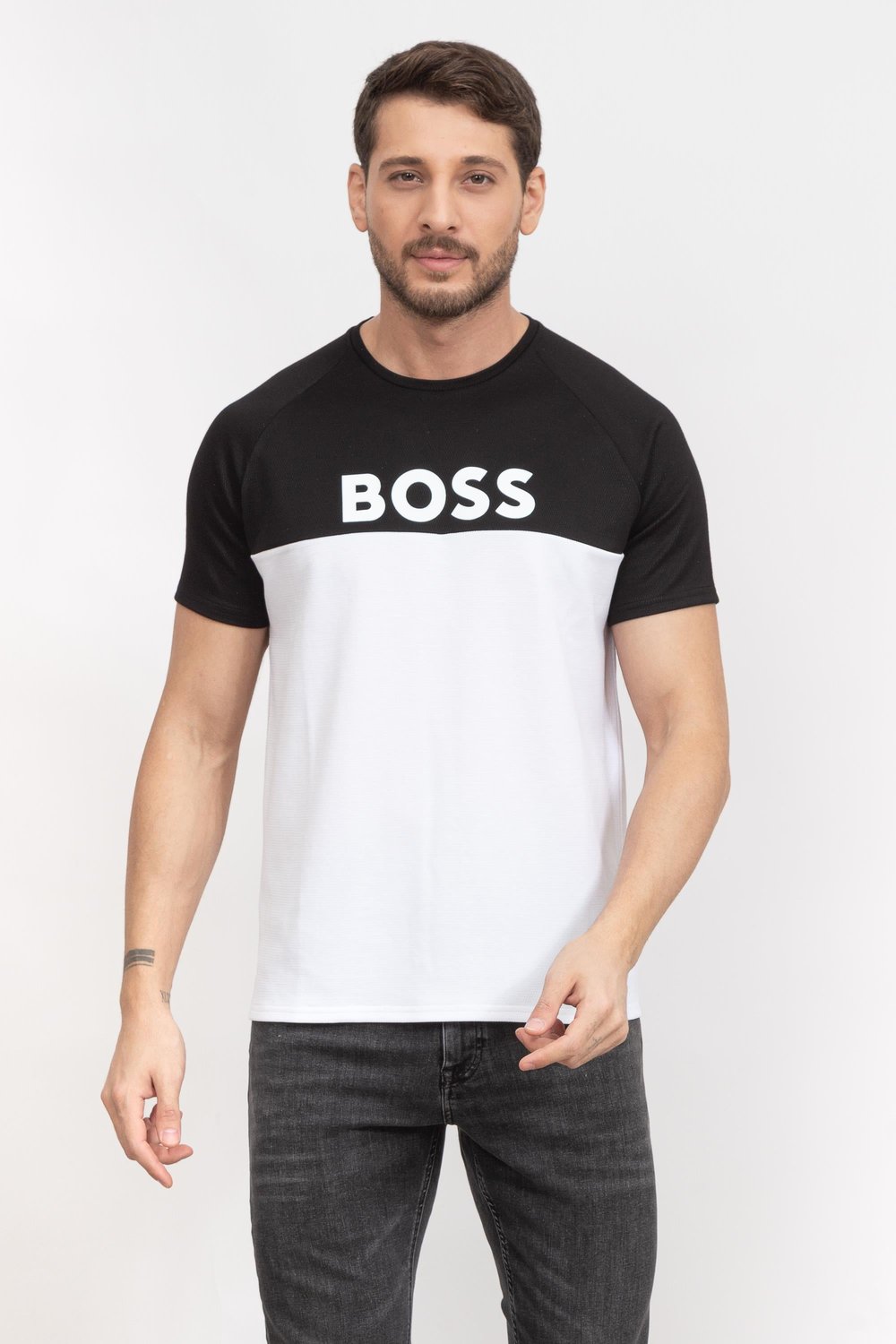 Boss Jacquard Erkek Tekli T-Shirt Siyah