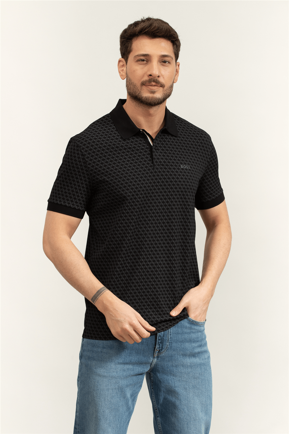 BOSS Pl Goc Chip Pattern Erkek Polo Yaka T-Shirt Siyah