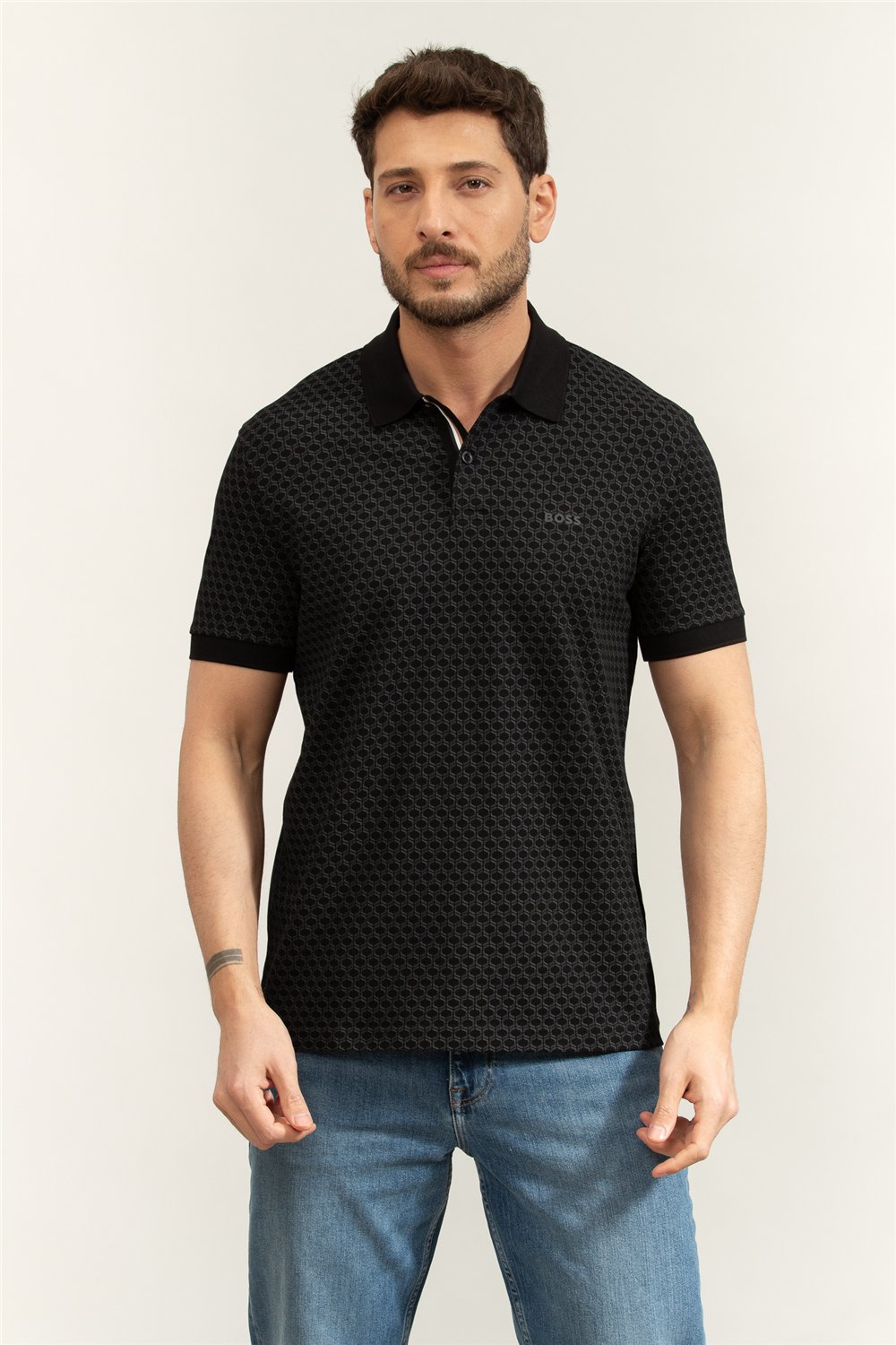 BOSS Pl Goc Chip Pattern Erkek Polo Yaka T-Shirt Siyah