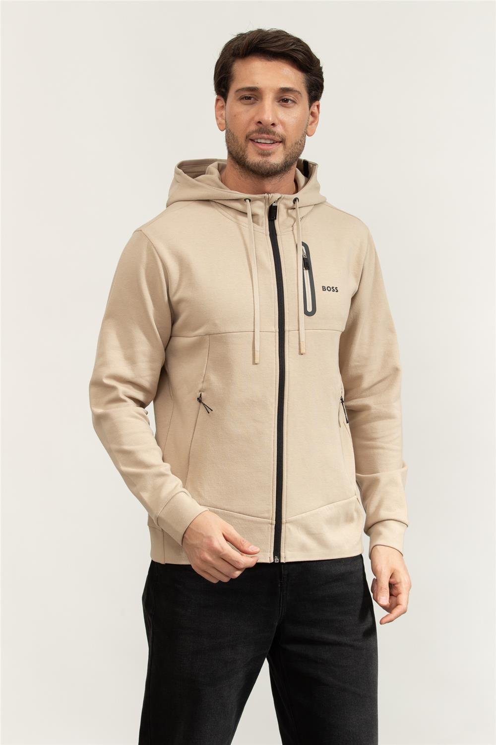 Boss Sariq Erkek Fermuarlı Sweatshirt Bej