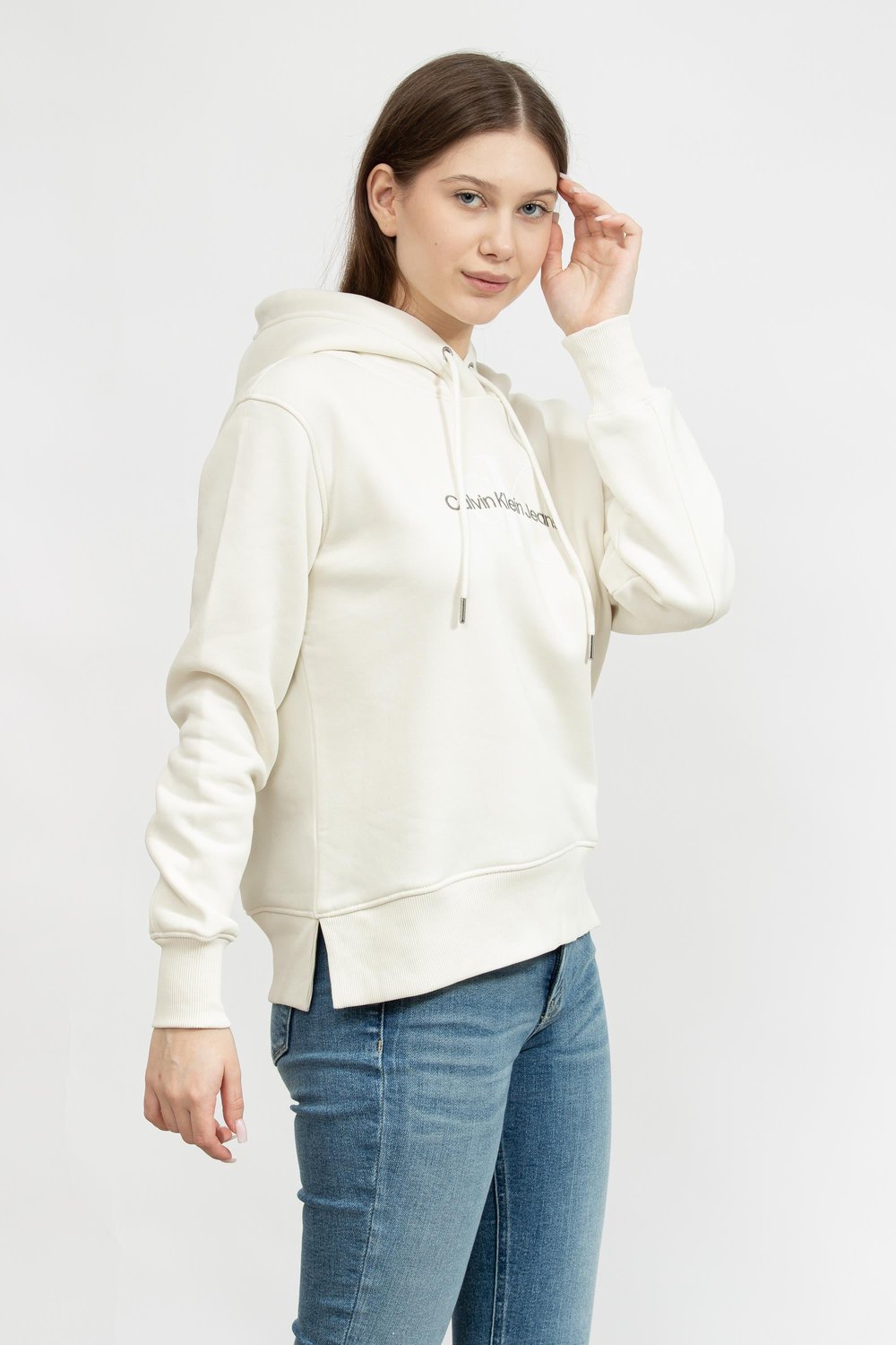 Calvin Klein Archival Monologo Kadın Kapüşonlu Sweatshirt Beyaz