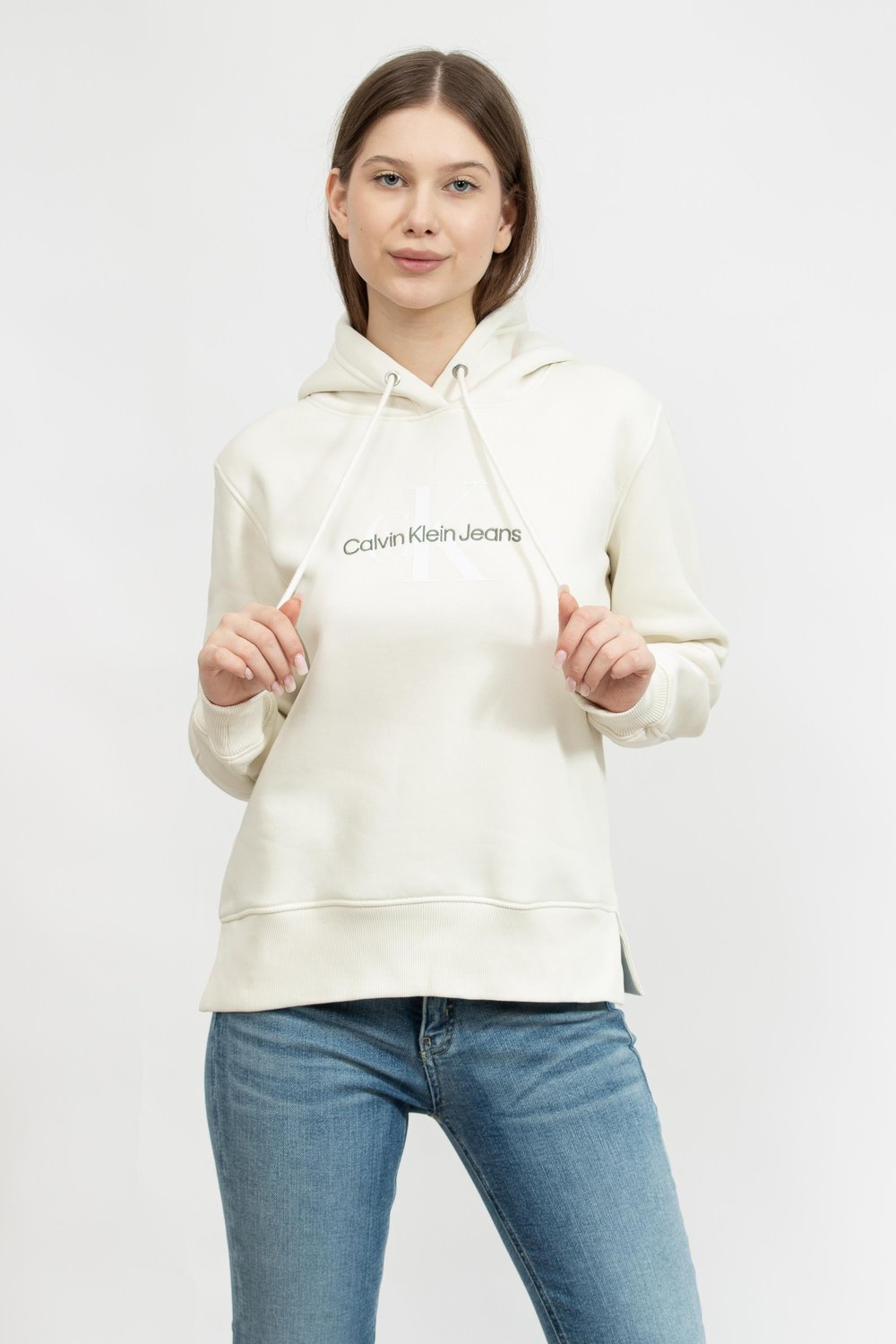 Calvin Klein Archival Monologo Kadın Kapüşonlu Sweatshirt Beyaz