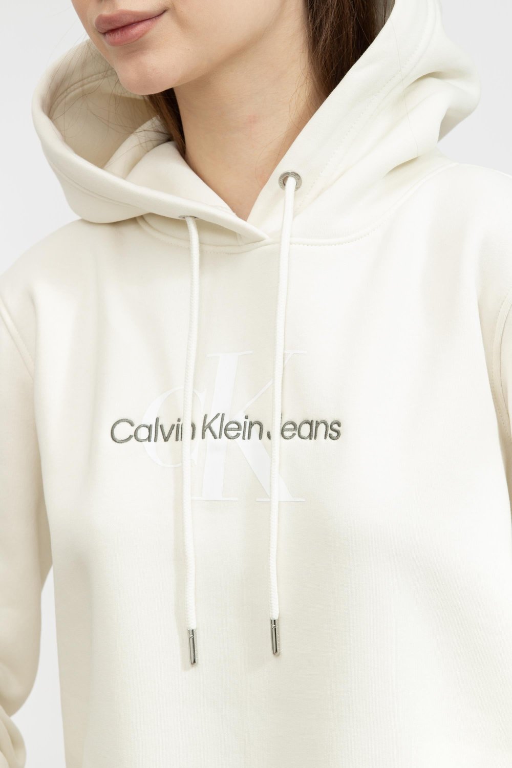 Calvin Klein Archival Monologo Kadın Kapüşonlu Sweatshirt Beyaz