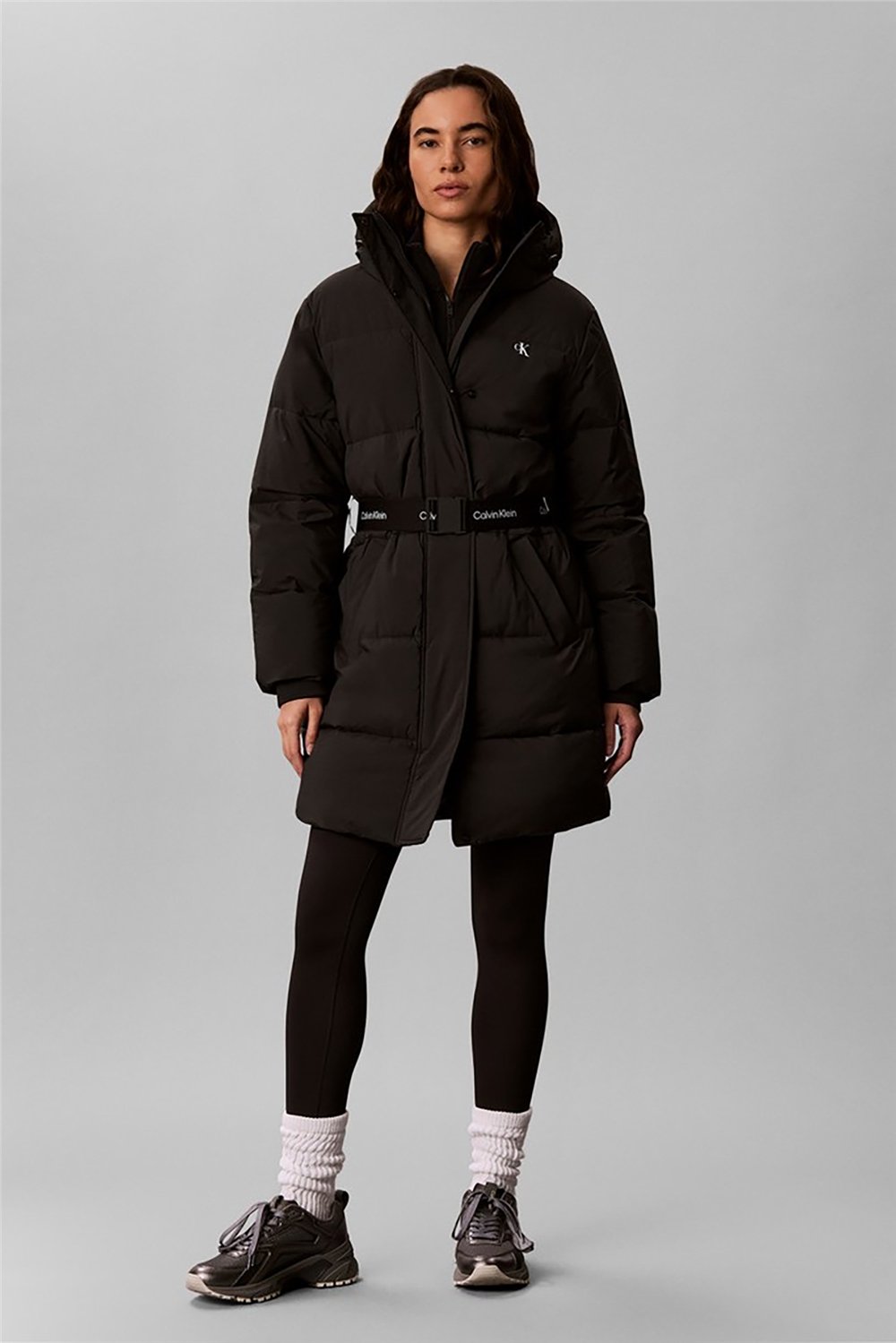 Calvin Klein Belted Midweight Long Puffer Kadın Mont Siyah