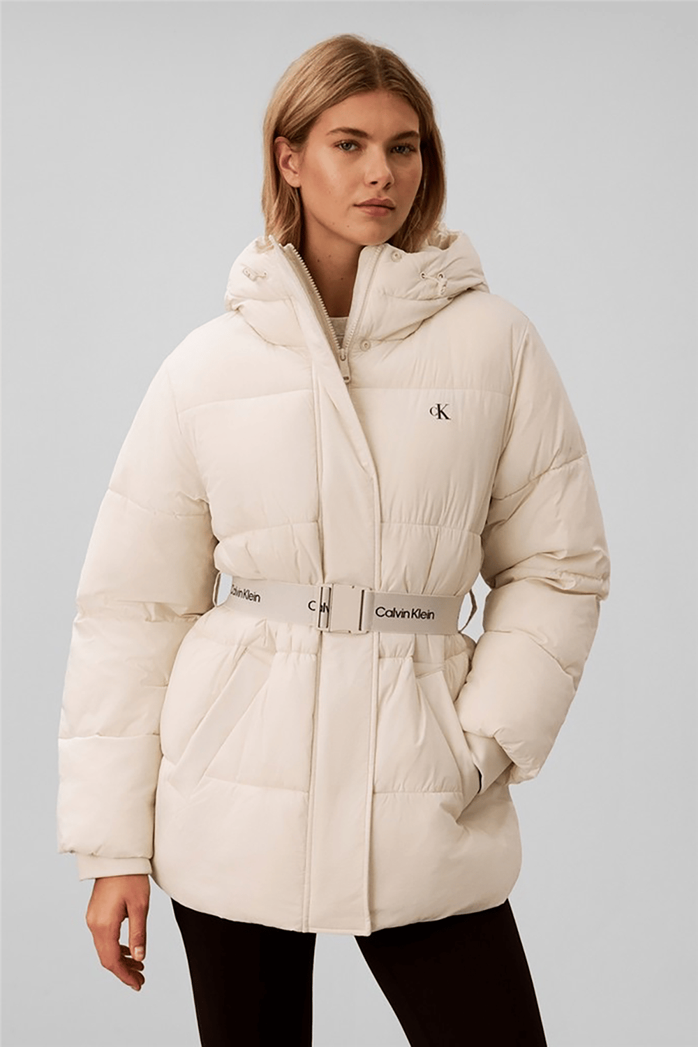 Calvin Klein Belted Midweight Puffer Kadın Mont Beyaz