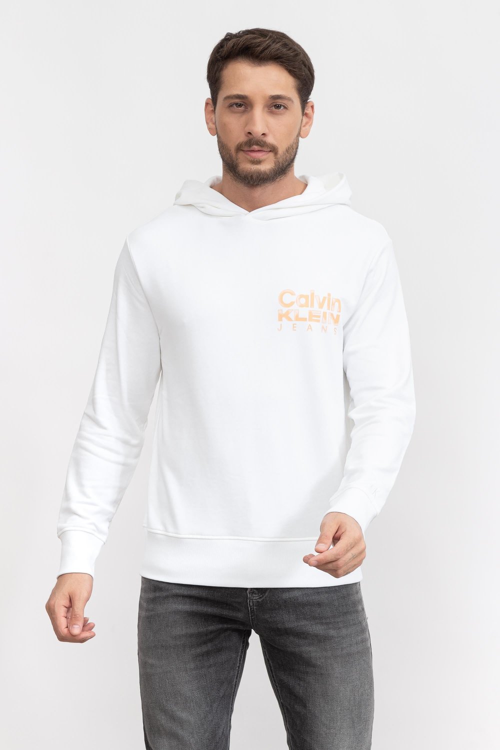 Calvin Klein Bold Color Institutional Hoody Erkek Kapüşonlu Sweatshirt Beyaz