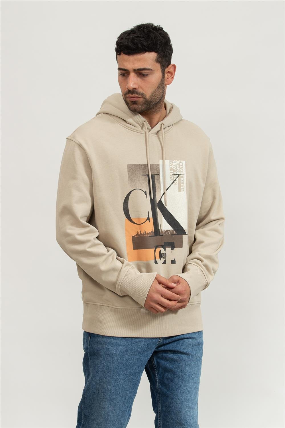 Calvin Klein Connected Erkek Kapüşonlu Sweatshirt Gri