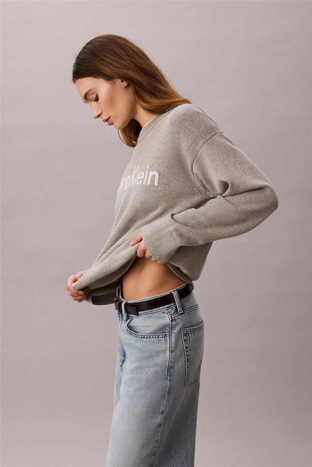 Calvin Klein Contrast Logo Ls Sweater Kadın Triko Gri