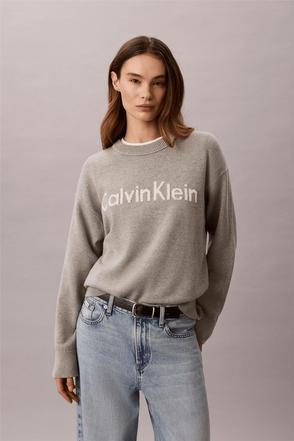 Calvin Klein Contrast Logo Ls Sweater Kadın Triko Gri