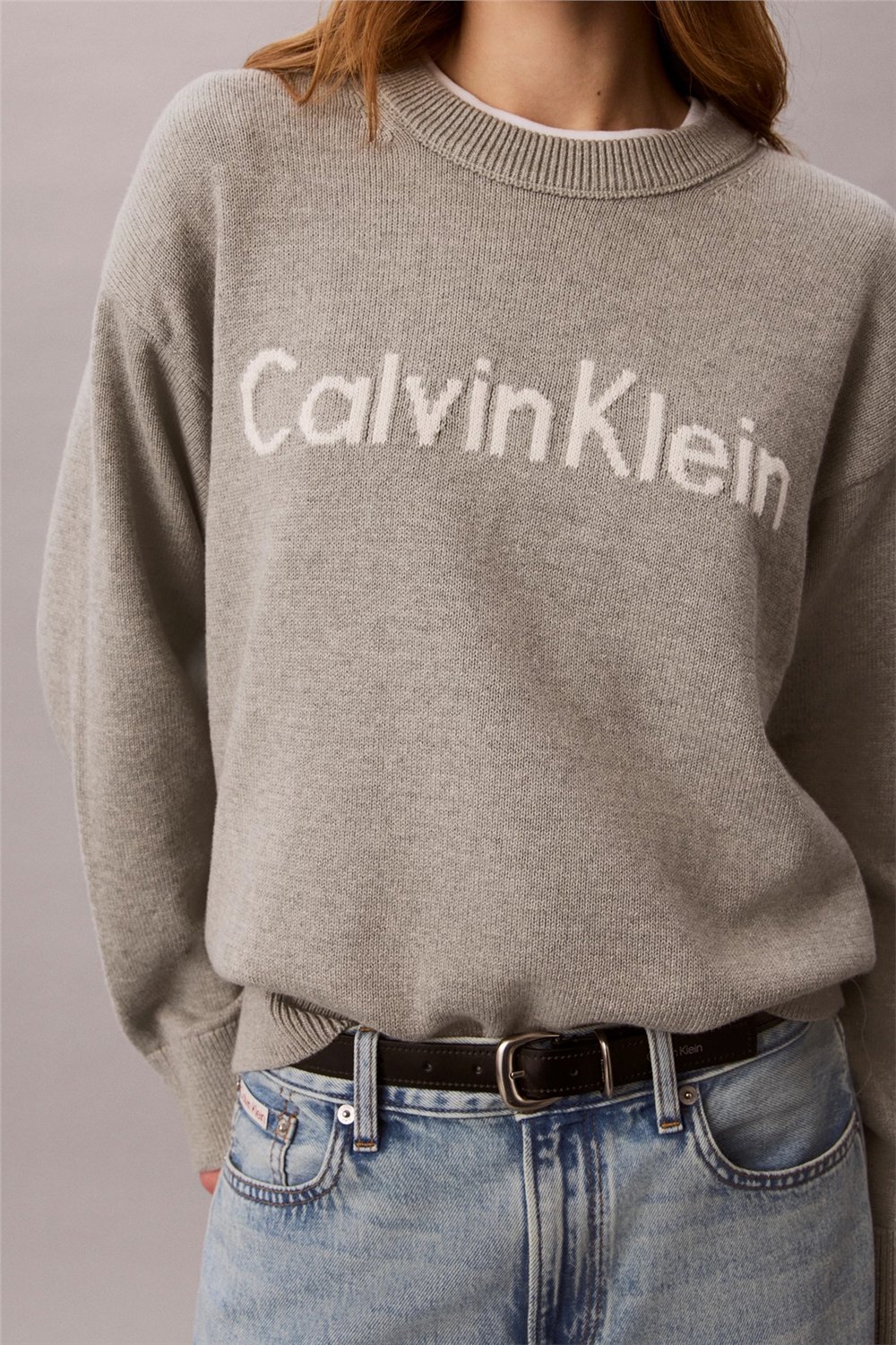 Calvin Klein Contrast Logo Ls Sweater Kadın Triko Gri
