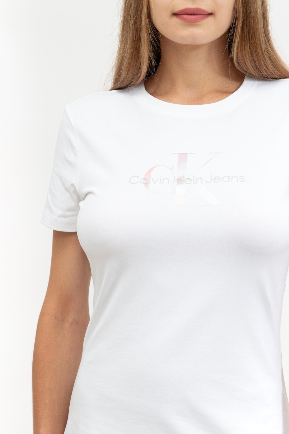 Calvin Klein Diffused Monologo Kadın Bisiklet Yaka T-Shirt Beyaz
