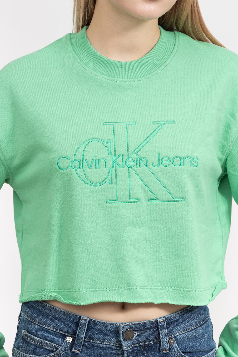 Calvin Klein Embroidered Monologo Kadın Bisiklet Yaka Sweatshirt Yeşil