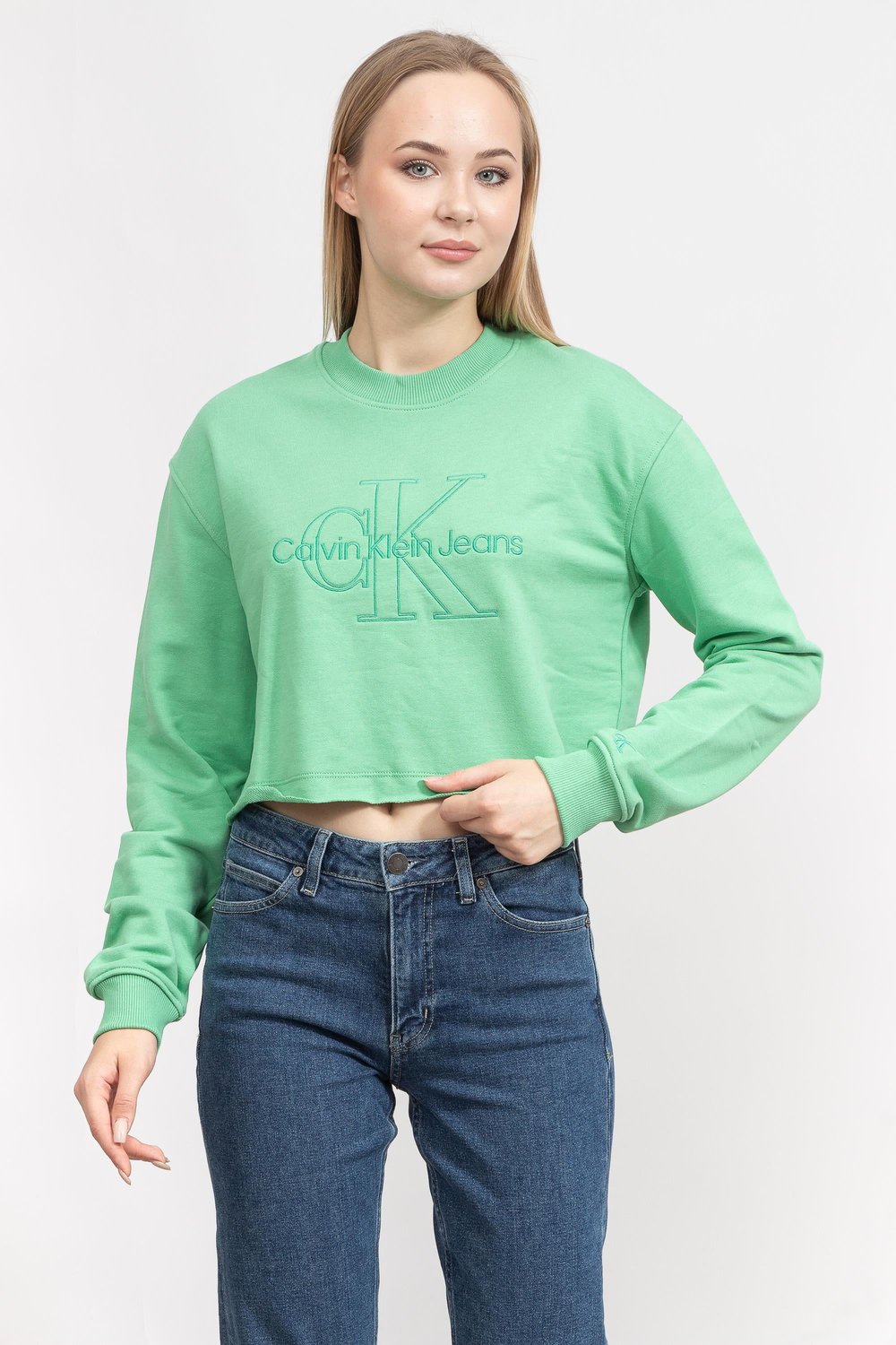 Calvin Klein Embroidered Monologo Kadın Bisiklet Yaka Sweatshirt Yeşil