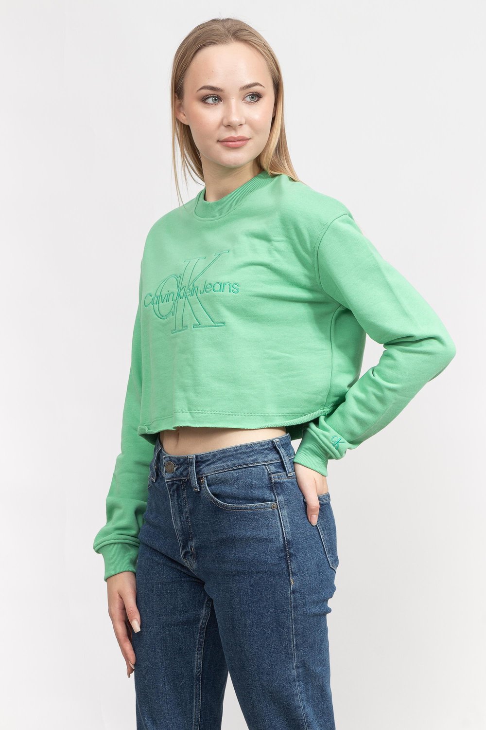 Calvin Klein Embroidered Monologo Kadın Bisiklet Yaka Sweatshirt Yeşil