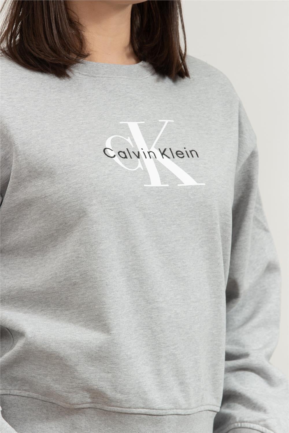 Calvin Klein Ls Monologo French Terry Rlxd Cn Kadın Bisiklet Yaka Sweatshirt Gri