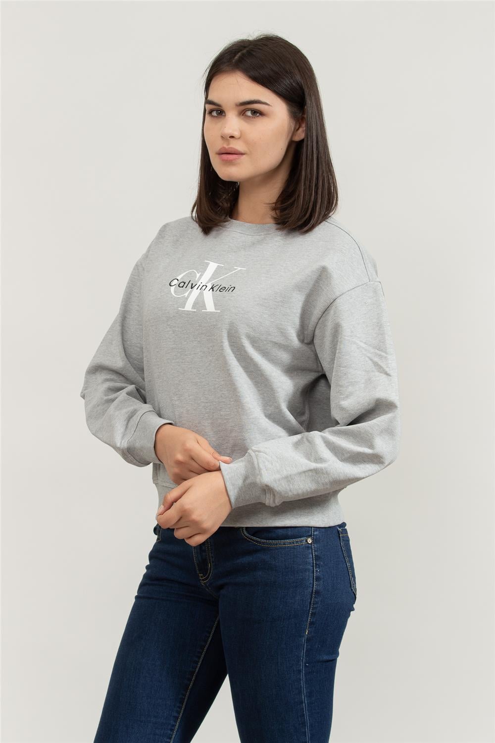 Calvin Klein Ls Monologo French Terry Rlxd Cn Kadın Bisiklet Yaka Sweatshirt Gri