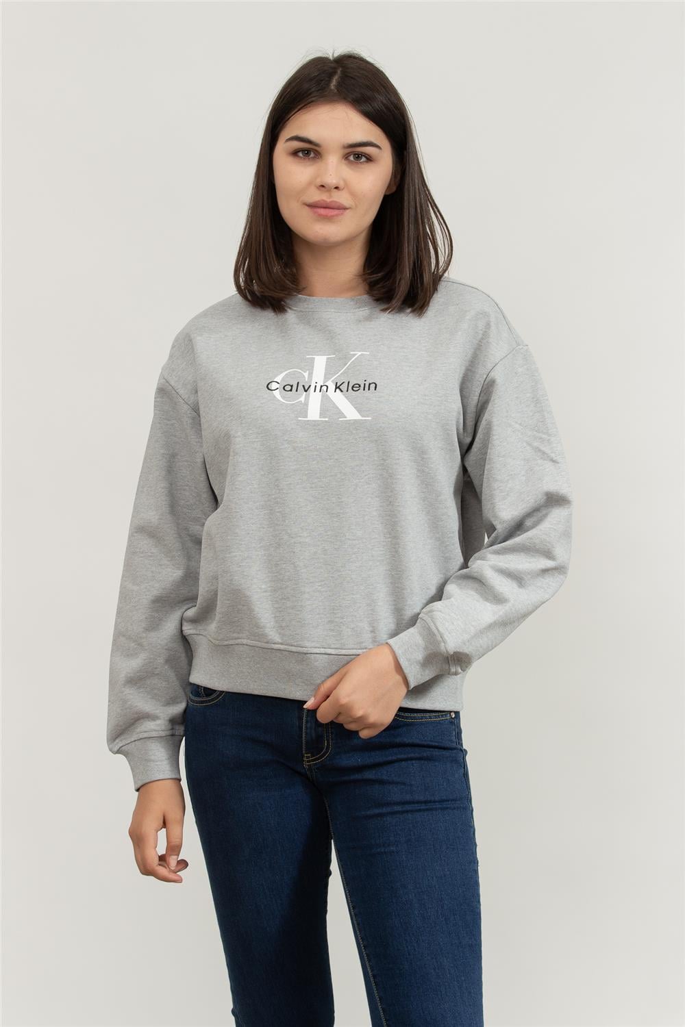 Calvin Klein Ls Monologo French Terry Rlxd Cn Kadın Bisiklet Yaka Sweatshirt Gri