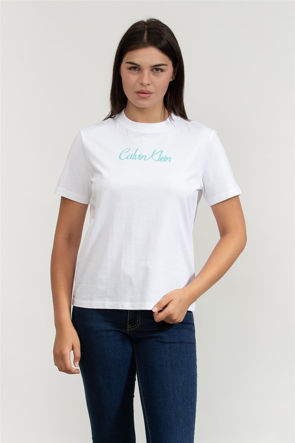 Calvin Klein Kadın Bisiklet Yaka T-Shirt Beyaz