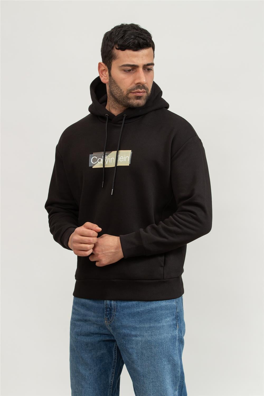 Calvin Klein Layered Gel Logo Erkek Kapüşonlu Sweatshirt Siyah