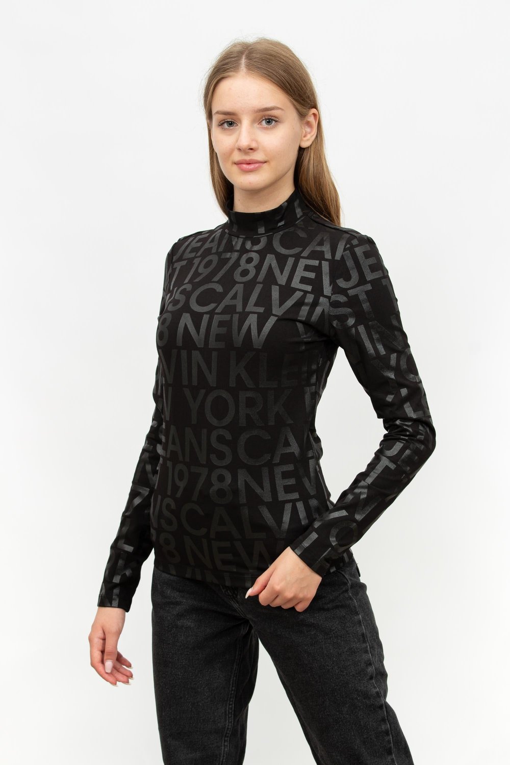 Calvin Klein Logo Aop Long Sleeve Top Kadın Uzun Kollu T-Shirt Siyah