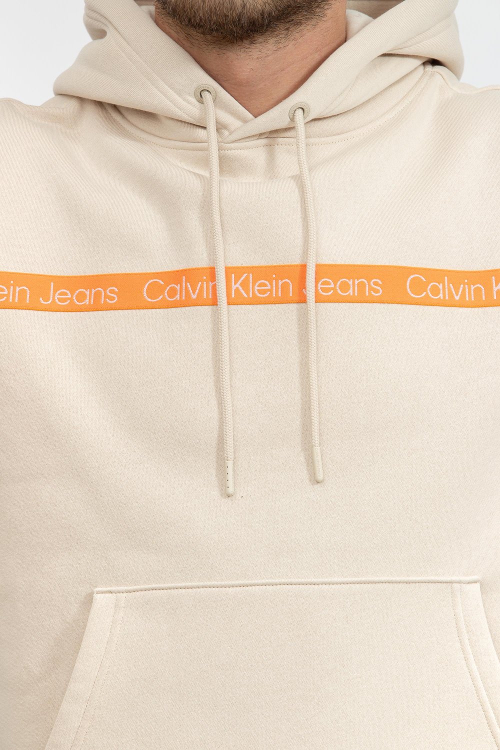 Calvin Klein Logo Tape Hoodie Erkek Kapüşonlu Sweatshirt Bej