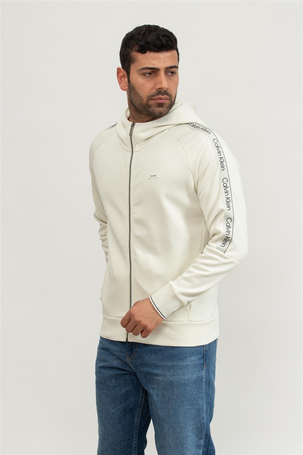 Calvin Klein Logo Tape Raglan Zip Through Erkek Fermuarlı Sweatshirt Mavi