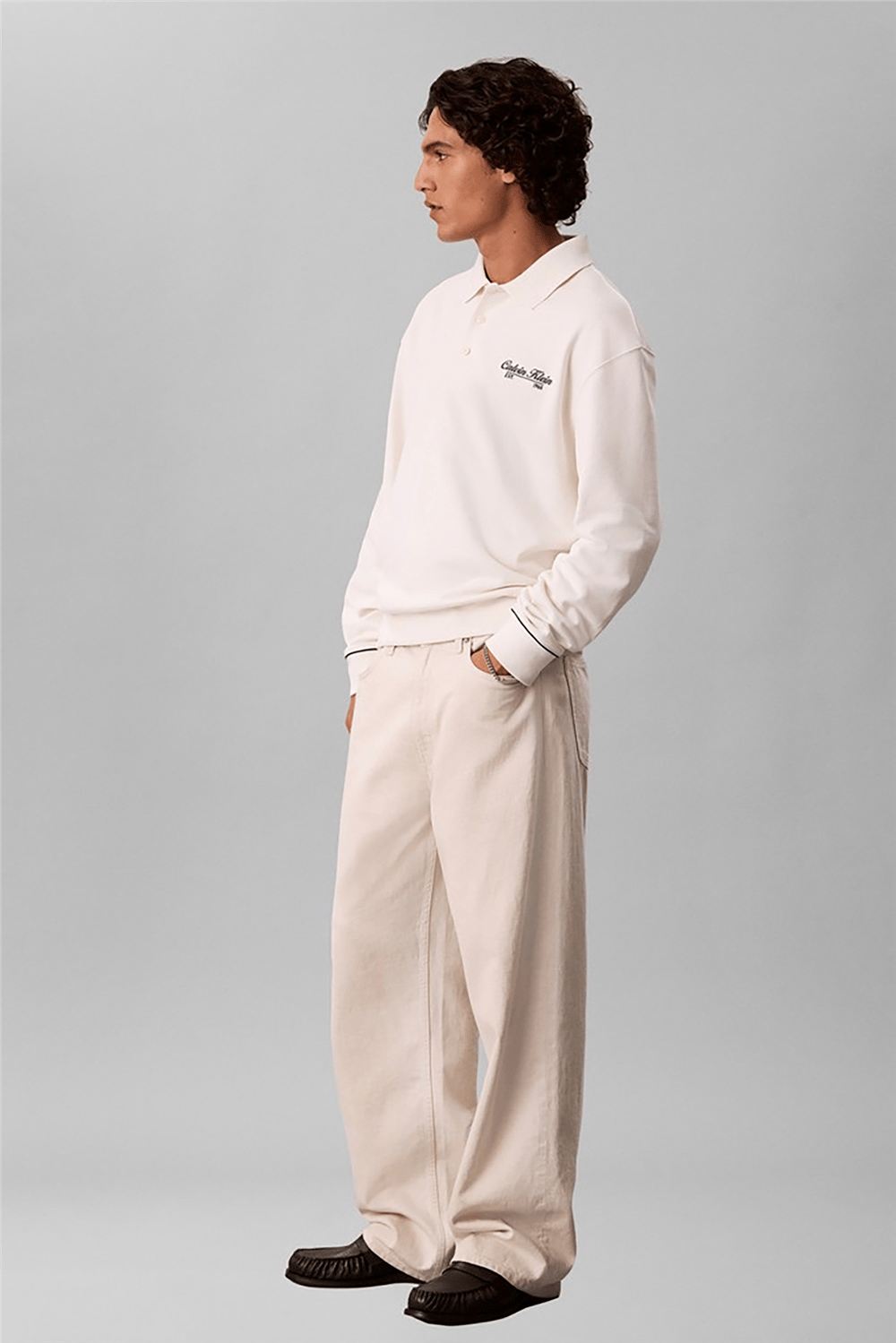 Calvin Klein Ls 350Gsm Terry Piped Polo Sweat Erkek Polo Yaka Sweatshirt Beyaz