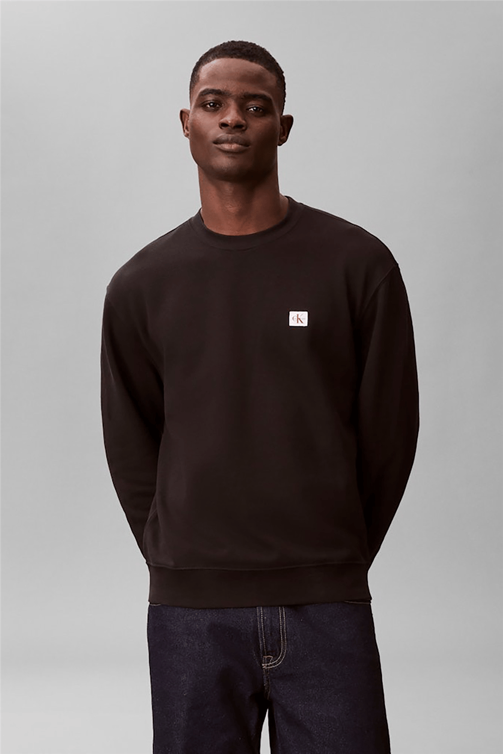 Calvin Klein Ls 350Terry Eu Whsl Badge Crewne Erkek Bisiklet Yaka Sweatshirt Siyah