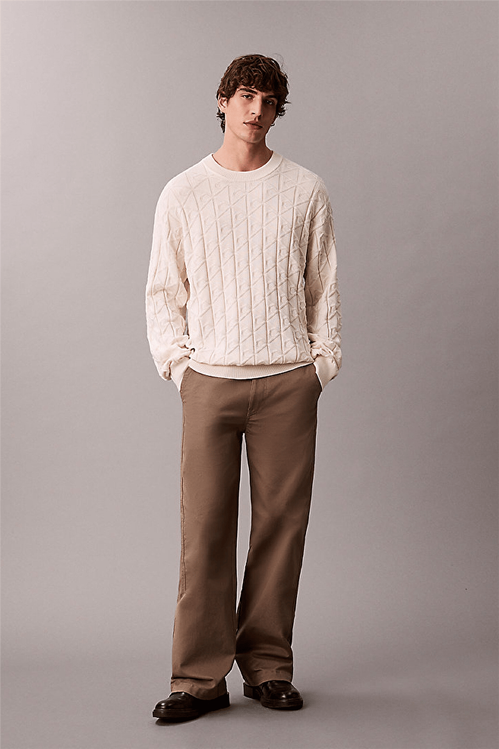 Calvin Klein LS Easy Aop Cotton Crewnk Sweate Erkek Triko Beyaz