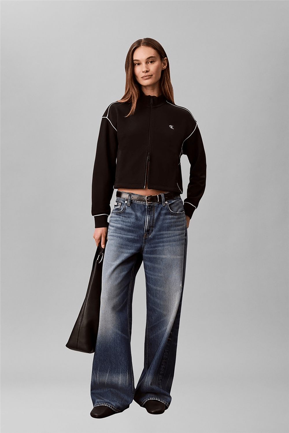 Calvin Klein Ls Monogram Terry Contrast Pipin Kadın Bisiklet Yaka Sweatshirt Siyah
