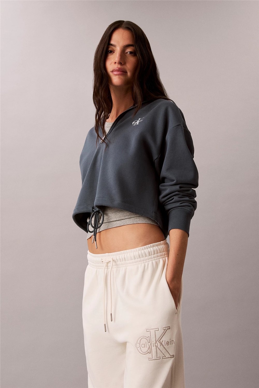 Calvin Klein Ls Monologo Terry Cropped Tie Hz Kadın Kapüşonlu Sweatshirt