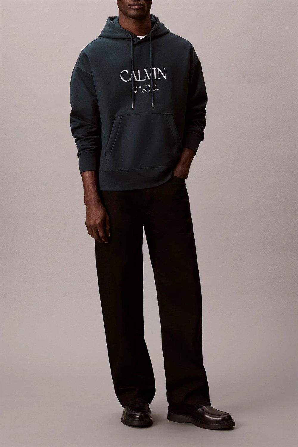 Calvin Klein LS Premium Fleece Calvin Graphic Erkek Kapüşonlu Sweatshirt Mavi