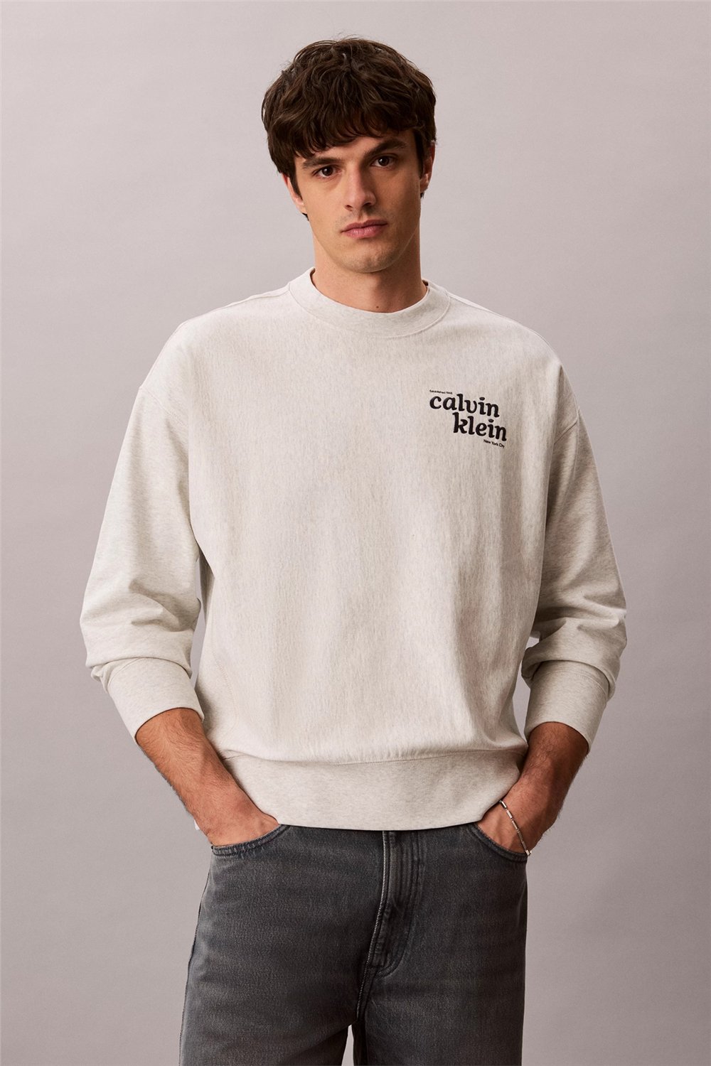 Calvin Klein Ls Premium Terry Grph Crewneck Erkek Bisiklet Yaka Sweatshirt Beyaz